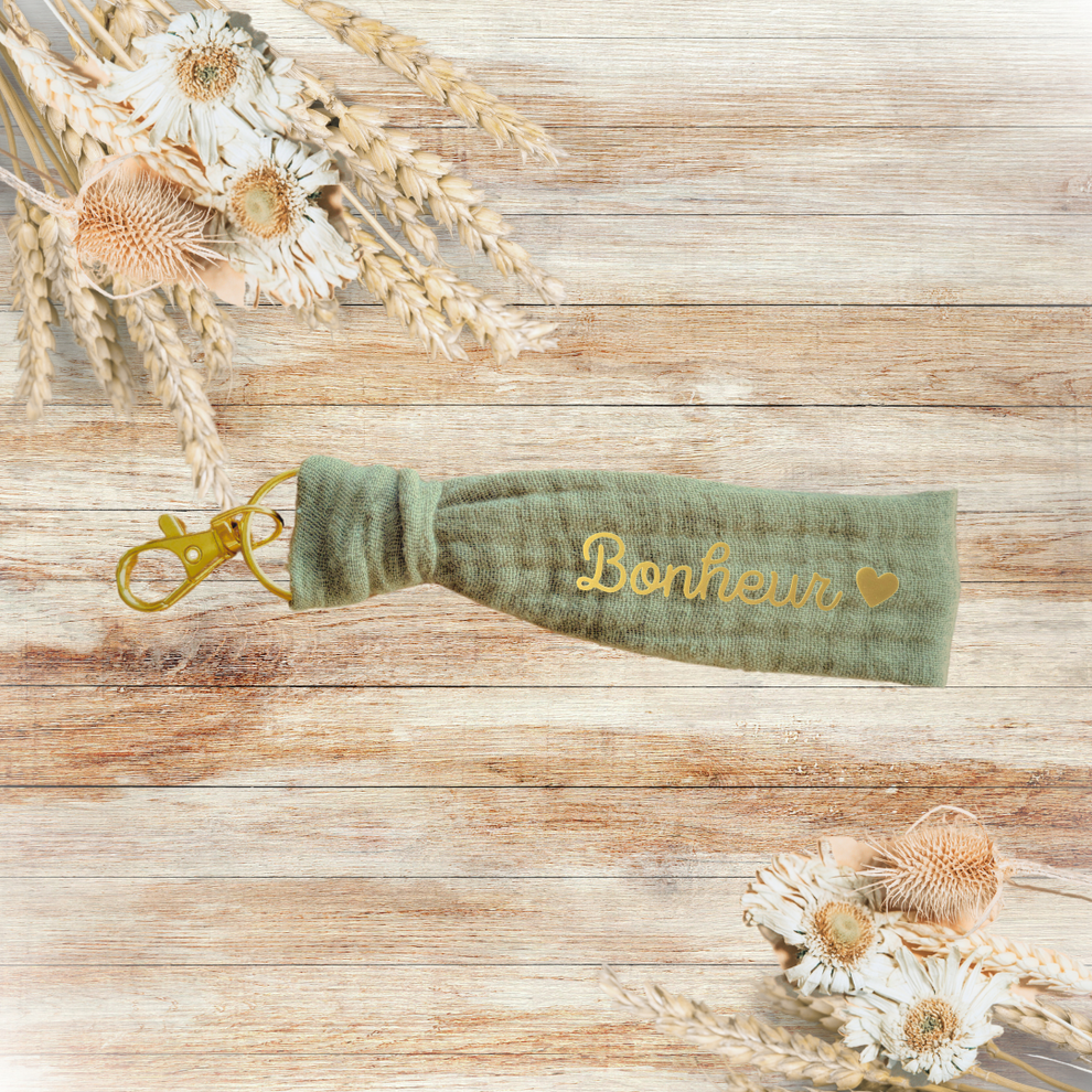 5 porte-clés double gaze kaki (1 Bonheur, 1 Amour, 1 Je t'aime, 1 Love, 1 Happiness)