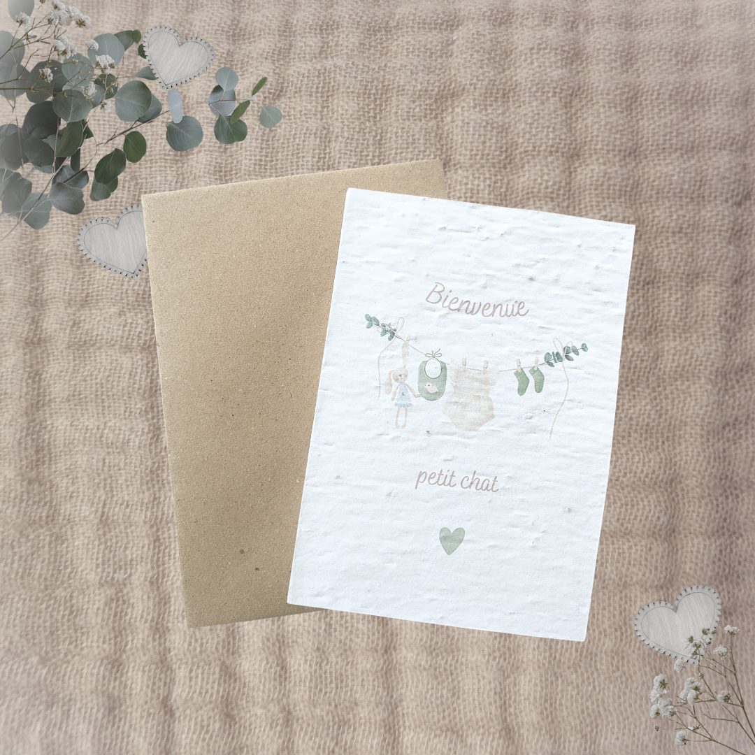 Carte à planter naissance Bienvenue petit chat personnalisable