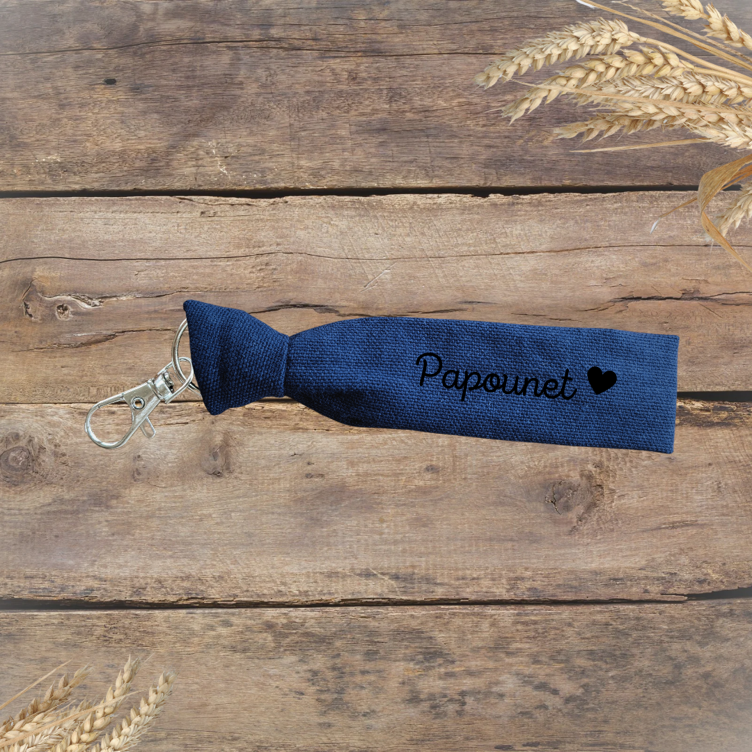 Porte-clés Papounet - coton bleu marine, texte blanc ou noir - personnalisable