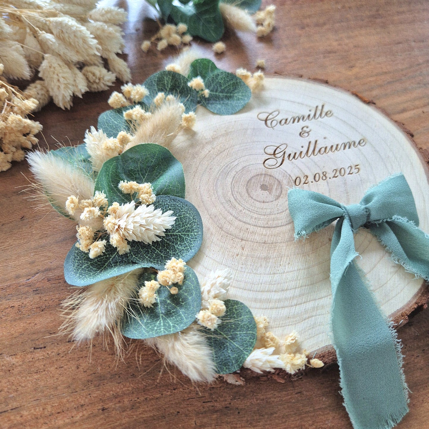 Porte alliances personnalisé - Rondin de bois et fleurs séchées