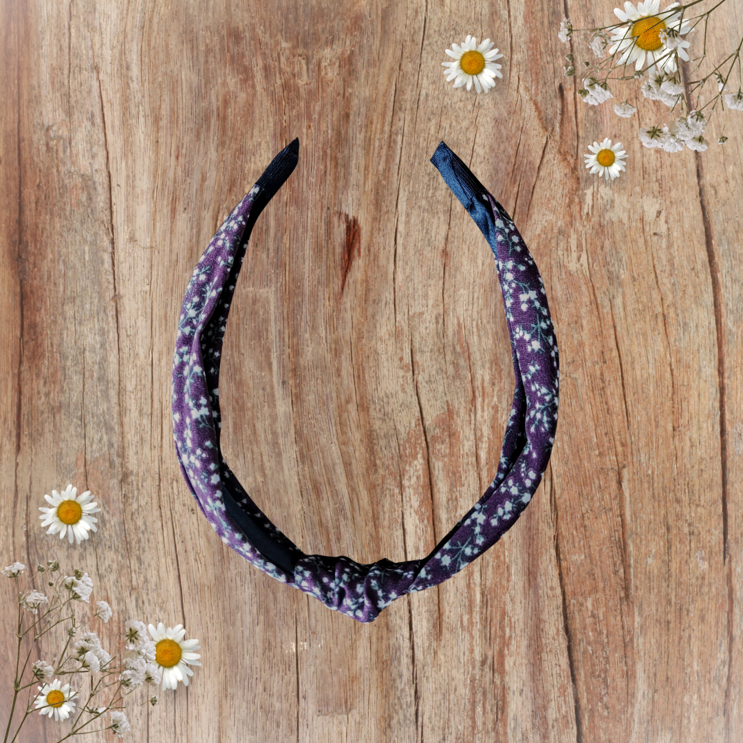 Serre-tête façon bandeau tissu fleuri prune