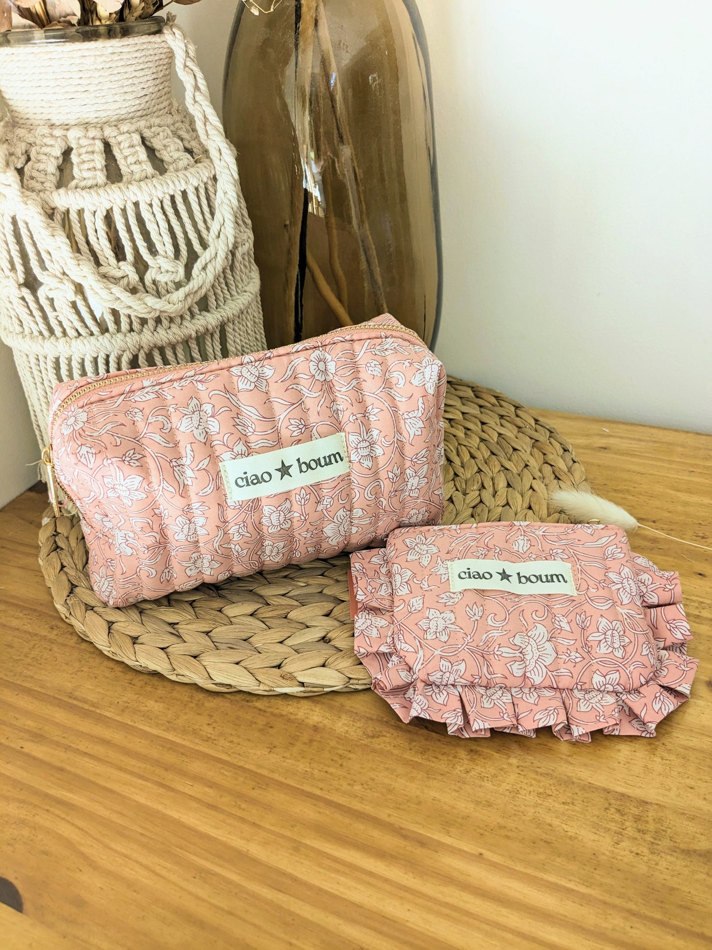 Porte-monnaie/pochette Ciao Boum 100% coton fleuri/rose