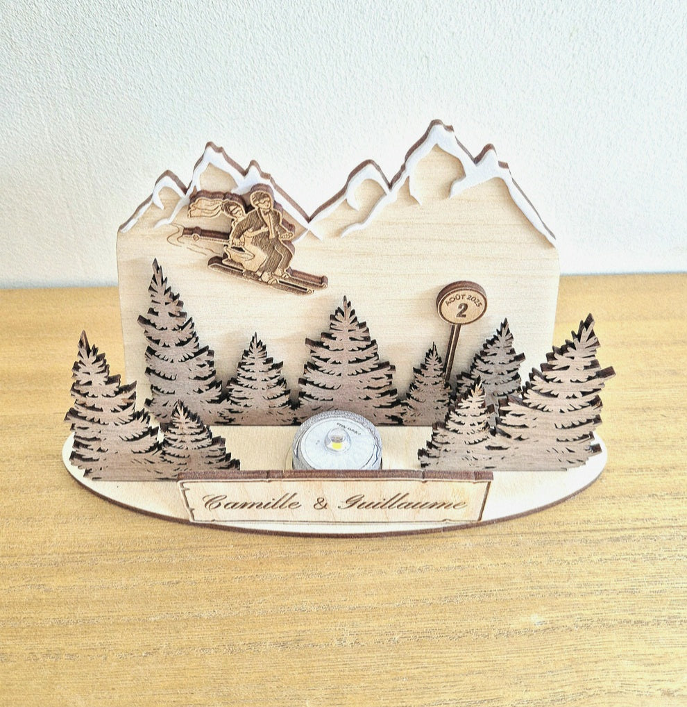 Photophore 3D en bois montagne ski
