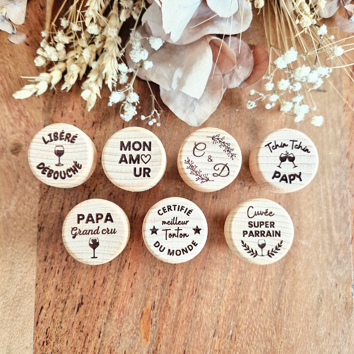 Bouchon de bouteille réutilisable en bois personnalisable