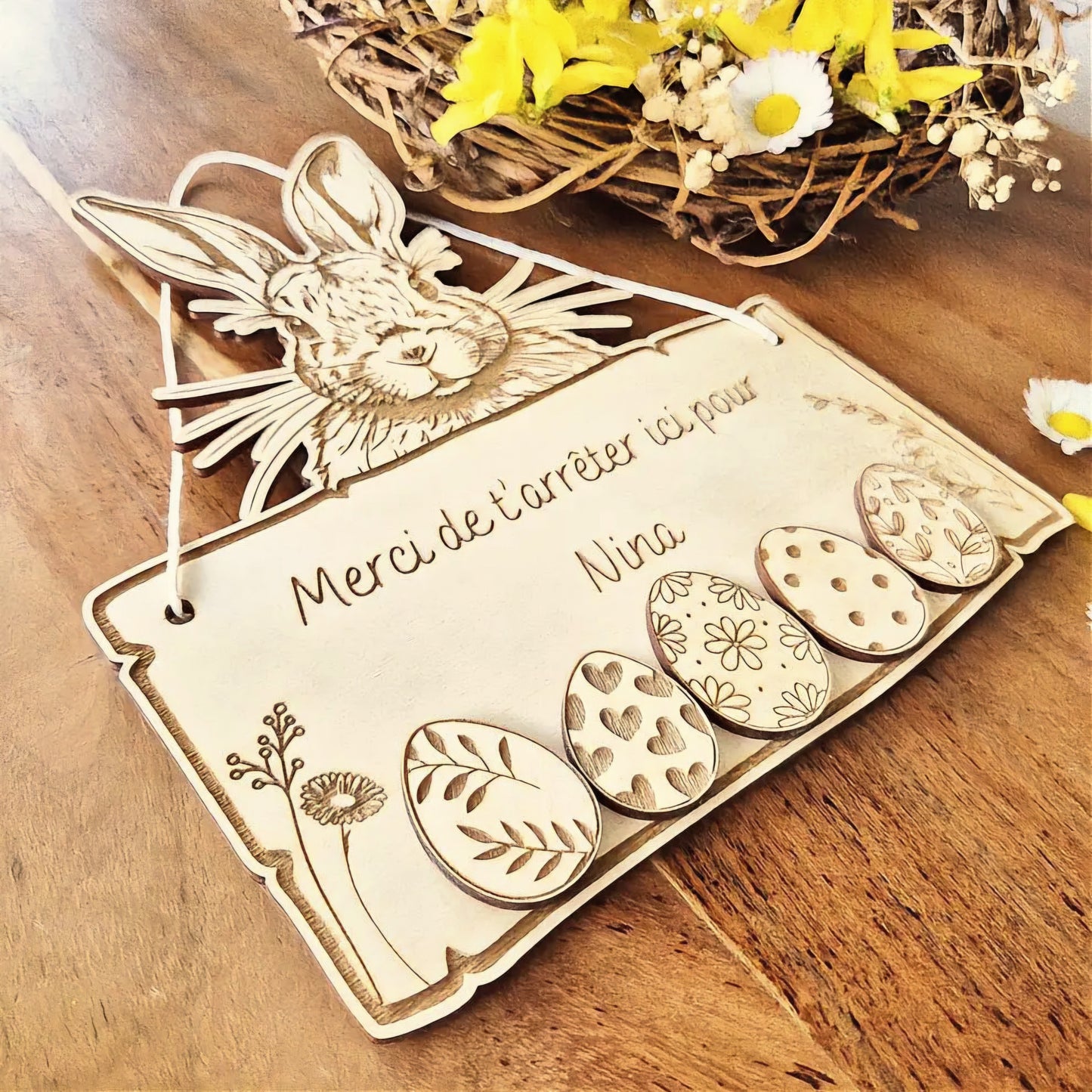 Pancarte en bois personnalisée lapin de Pâques