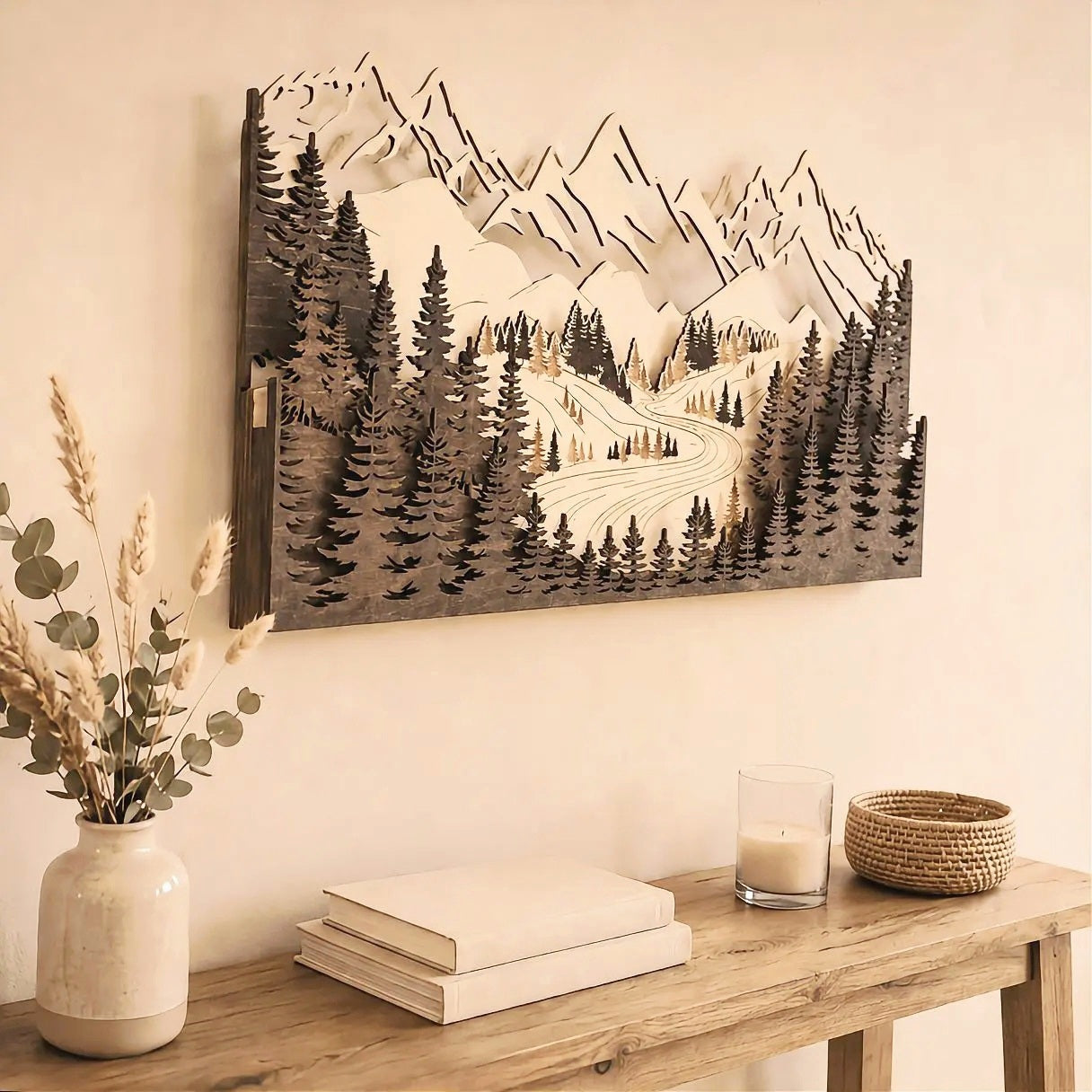 Tableau lumineux 3D en bois artisanal – Montagnes