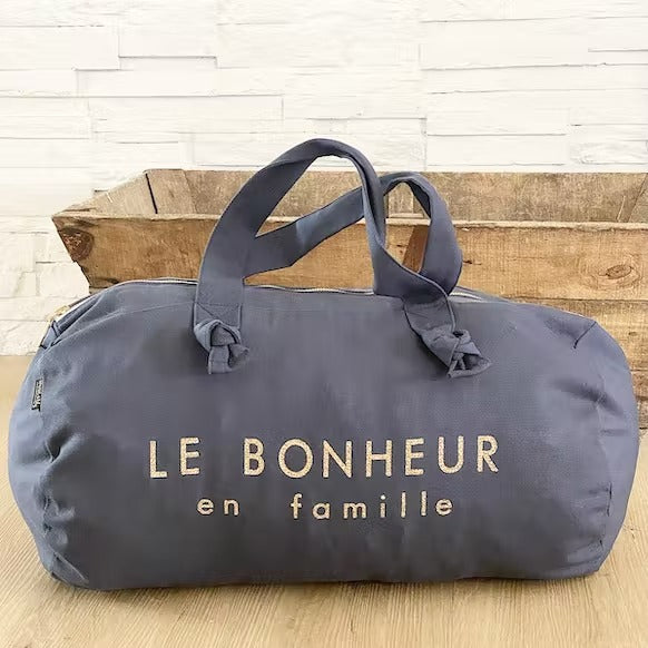 Grand sac polochon bleu Denim « Le Bonheur en Famille »