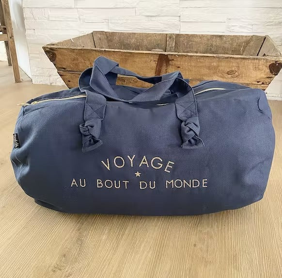 Grand sac polochon bleu Denim « Voyage au bout du monde »