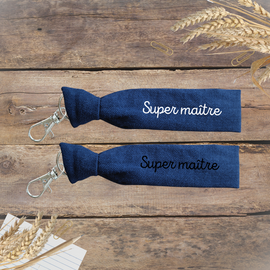 Porte-clés Super maître - coton bleu marine, texte blanc ou noir - personnalisable