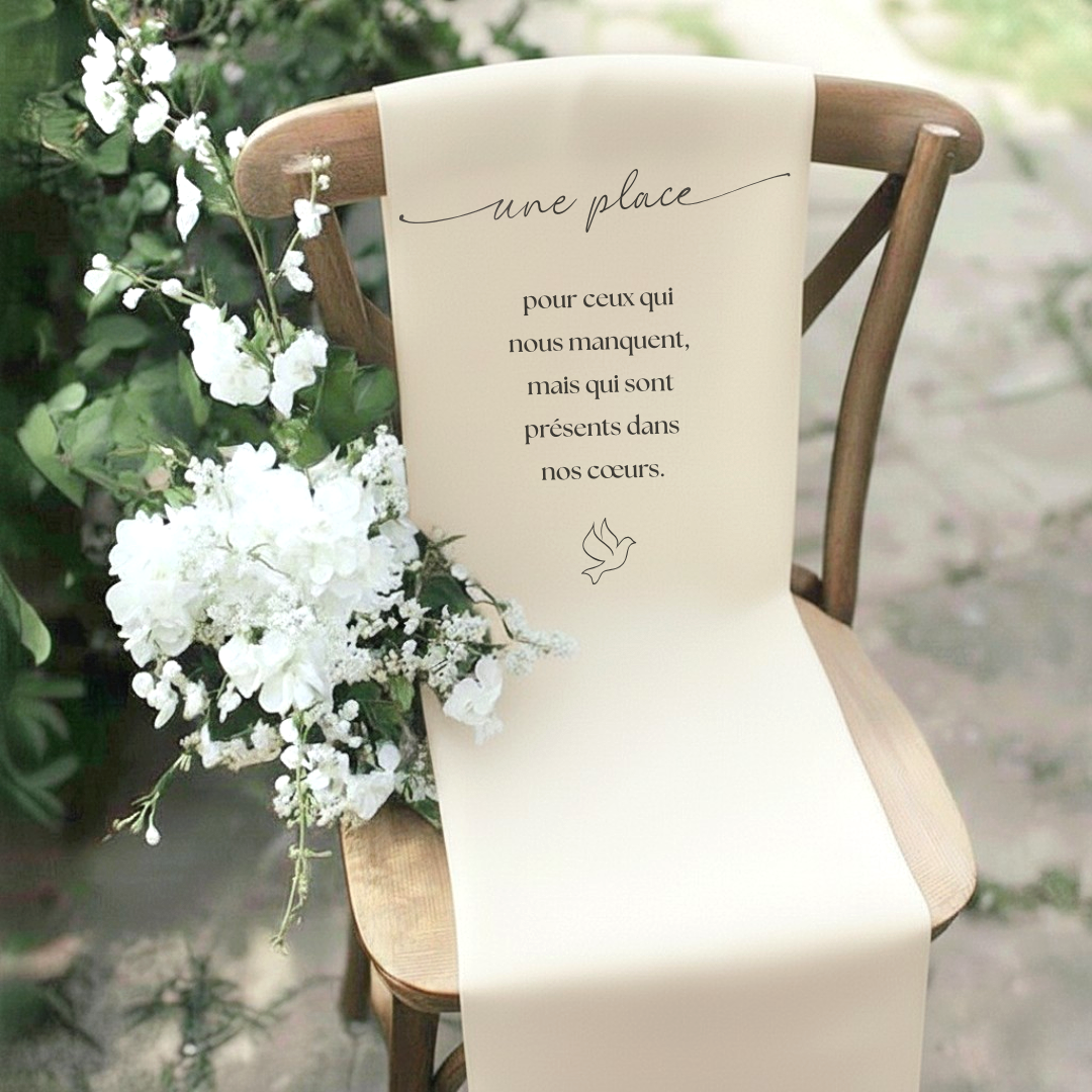 Panneau de chaise commémoratif mariage en tissu personnalisé – Hommage aux êtres chers – Version élégance