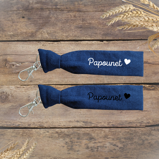 Porte-clés Papounet - coton bleu marine, texte blanc ou noir - personnalisable