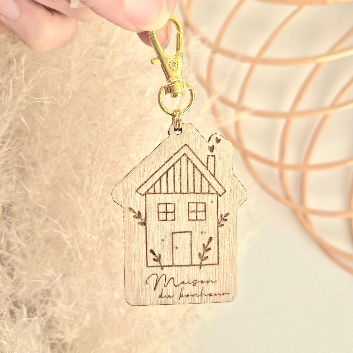 Porte-clés en bois Maison du bonheur