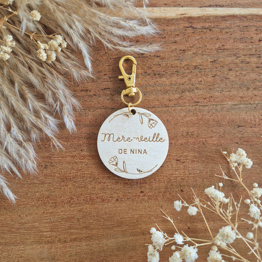 Porte-clés en bois rond fleuri personnalisé