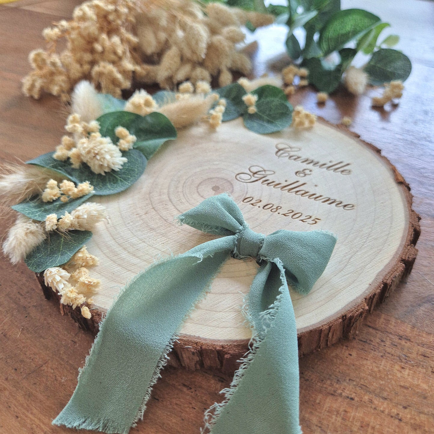 Porte alliances personnalisé - Rondin de bois et fleurs séchées