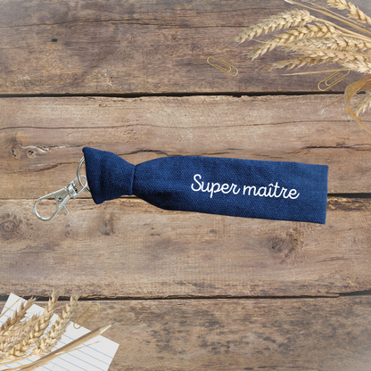 Porte-clés Super maître - coton bleu marine, texte blanc ou noir - personnalisable