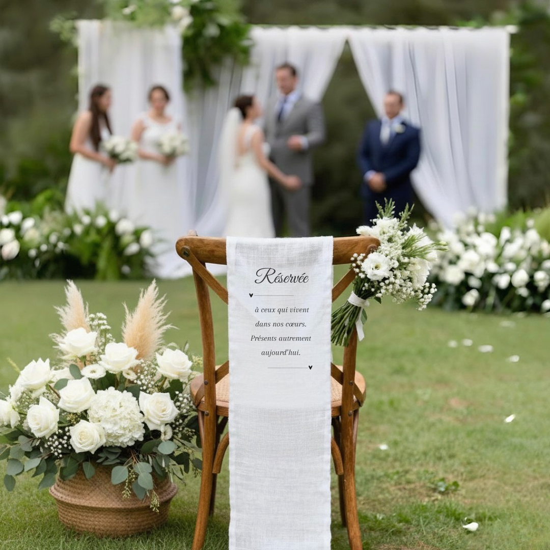 Panneau de chaise commémoratif mariage en tissu personnalisé – Hommage aux êtres chers – Version élégance