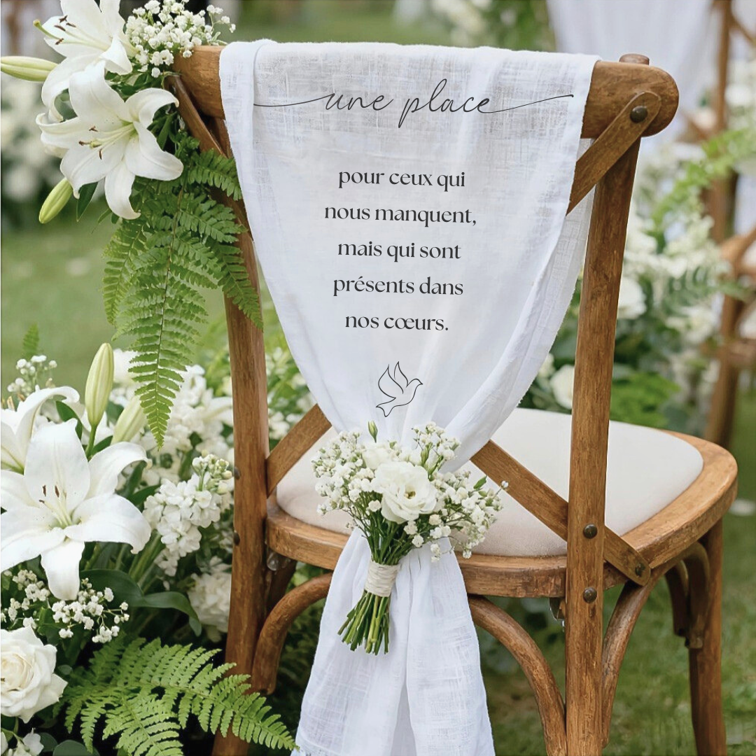 Panneau de chaise commémoratif mariage en tissu personnalisé – Hommage aux êtres chers – Version élégance