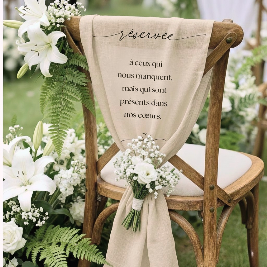 Panneau de chaise commémoratif mariage en tissu personnalisé – Hommage aux êtres chers – Version élégance