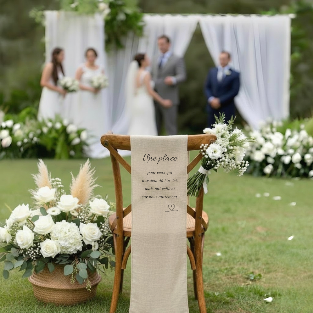 Panneau de chaise commémoratif mariage en tissu personnalisé – Hommage aux êtres chers – Version élégance