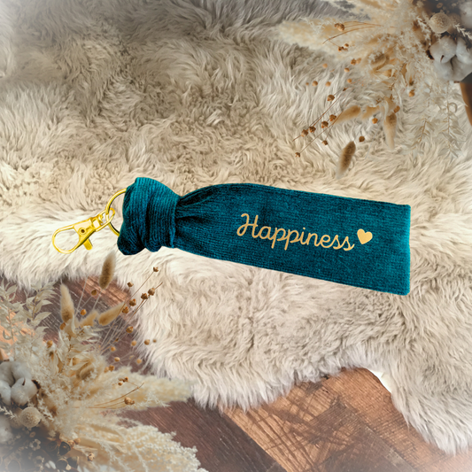 Porte-clés Happiness - collection velours bleu canard - personnalisable