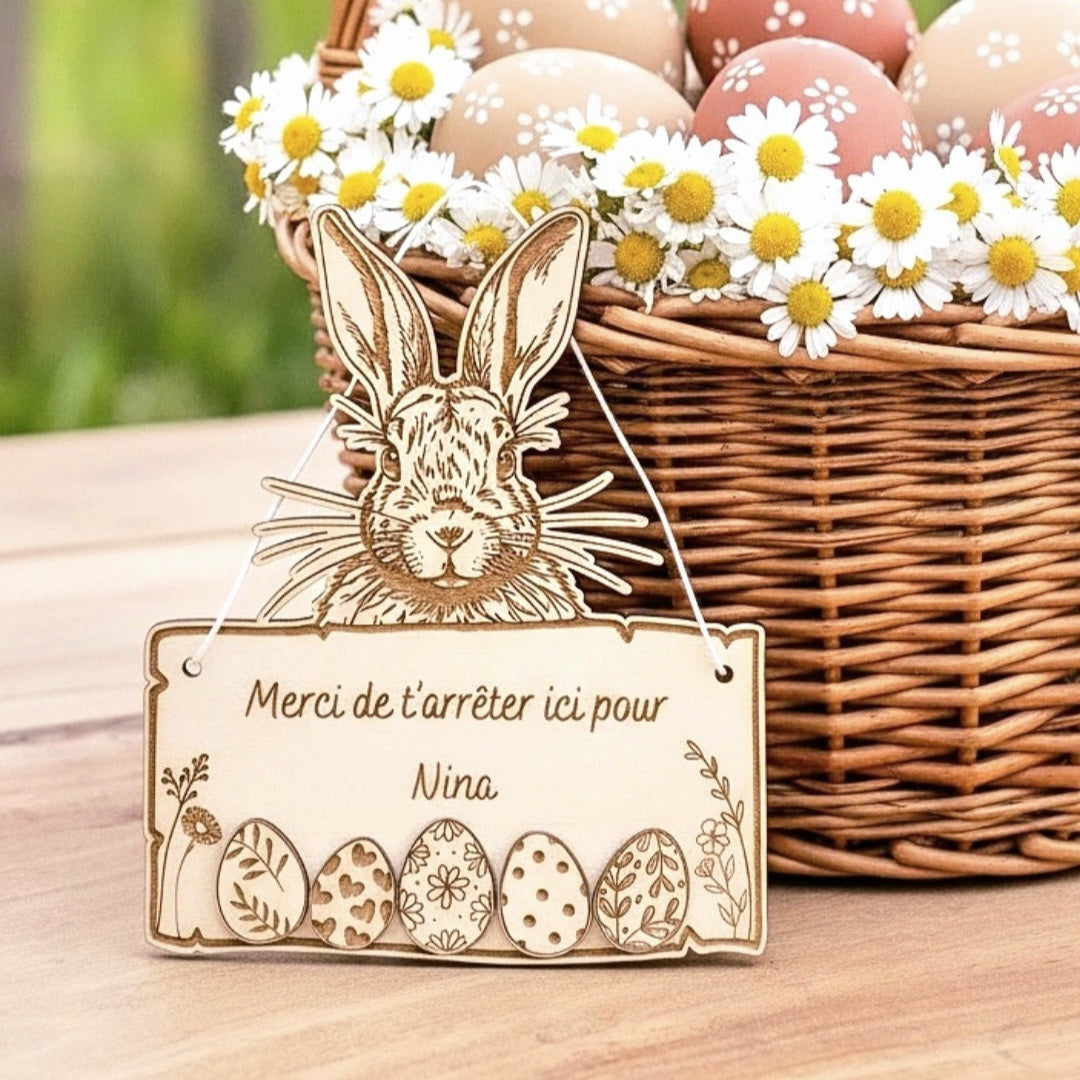 Pancarte en bois personnalisée lapin de Pâques