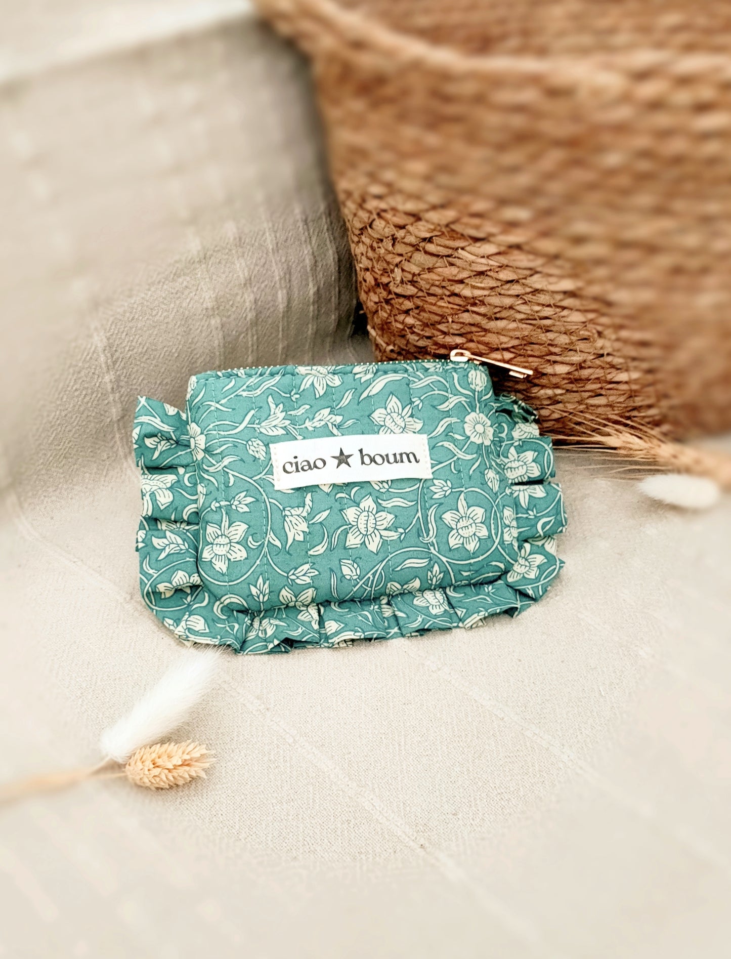 Porte-monnaie/pochette Ciao Boum 100% coton fleuri/vert