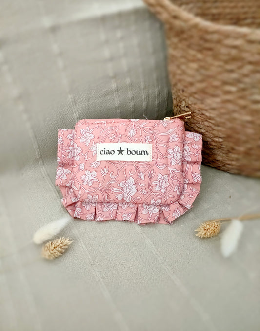 Porte-monnaie/pochette Ciao Boum 100% coton fleuri/rose