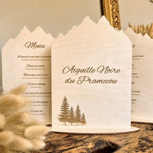 Menu en bois personnalisé 2 faces - Montagne - Mariage & Événements
