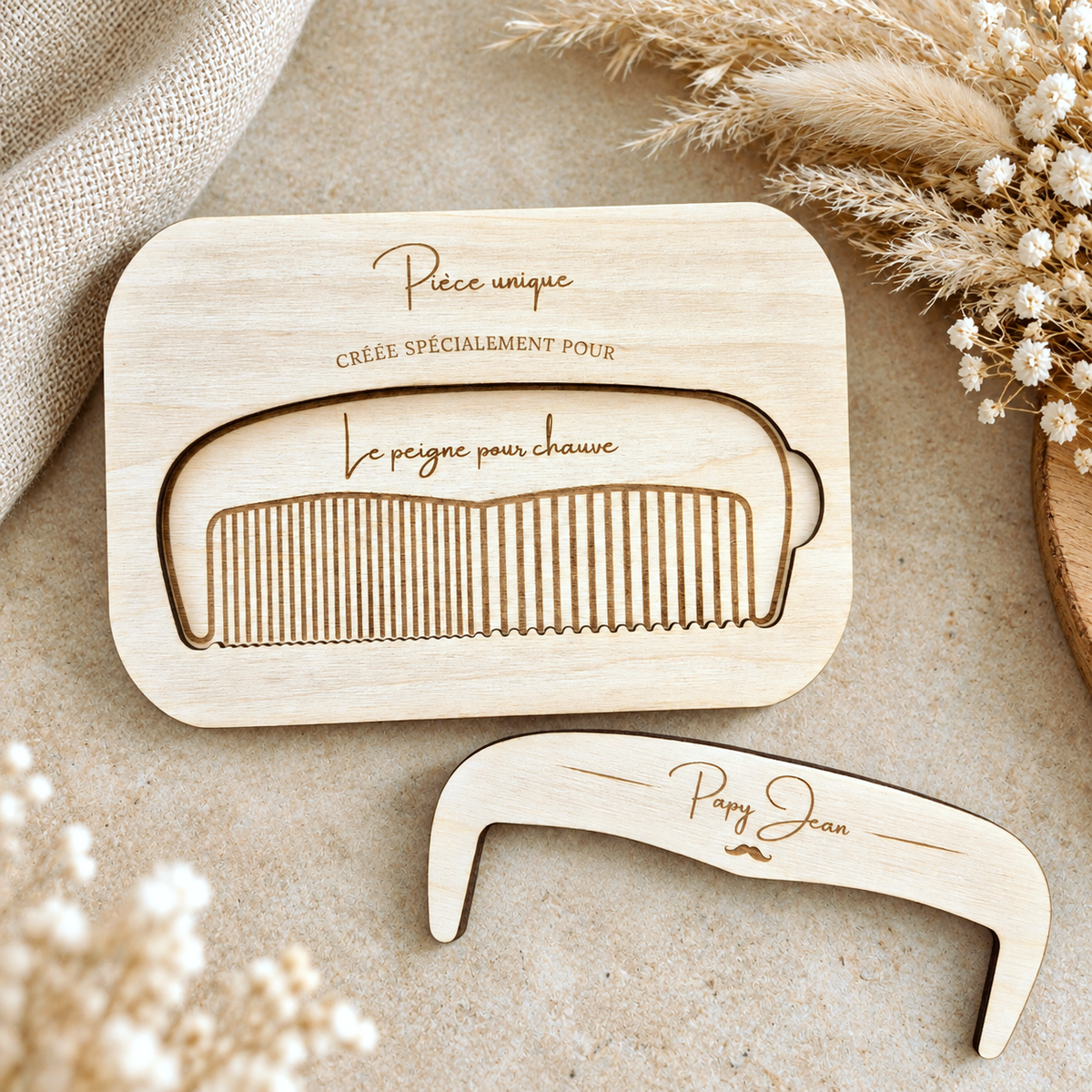 Peigne pour chauve en bois personnalisé - Cadeau humoristique Papy