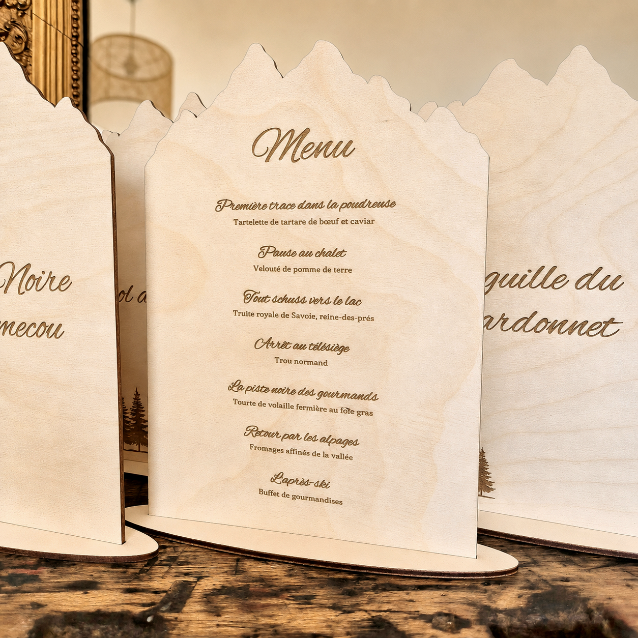 Menu en bois personnalisé 2 faces - Montagne - Mariage & Événements