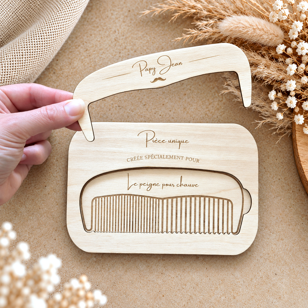 Peigne pour chauve en bois personnalisé - Cadeau humoristique Papy