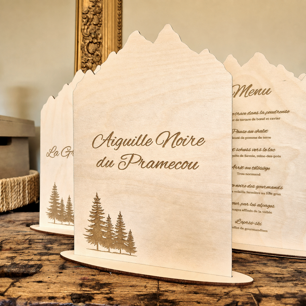 Menu en bois personnalisé 2 faces - Montagne - Mariage & Événements