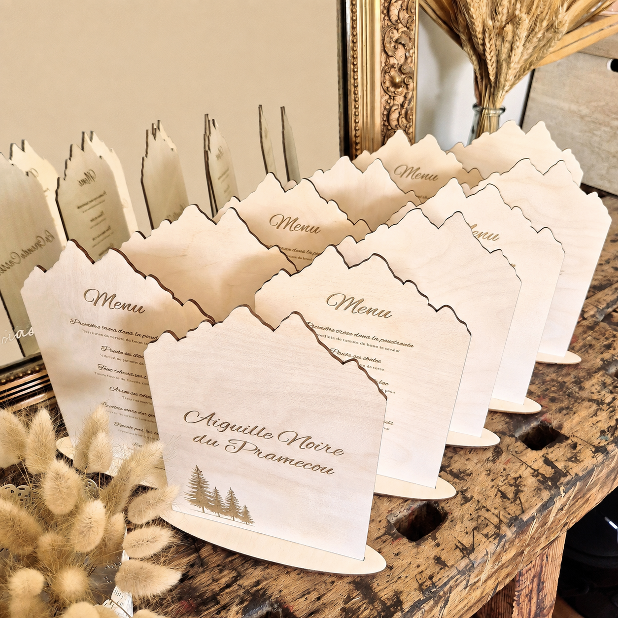Menu en bois personnalisé 2 faces - Montagne - Mariage & Événements