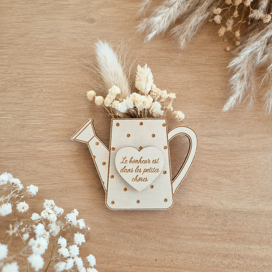 Magnet en bois arrosoir et fleurs séchées