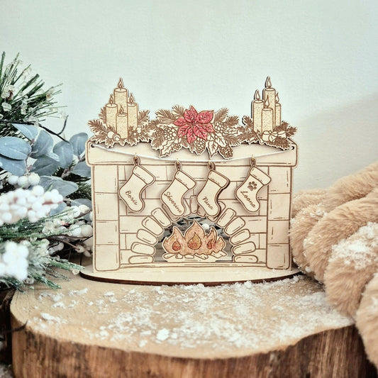 Photophore cheminée de Noël avec chaussettes personnalisées