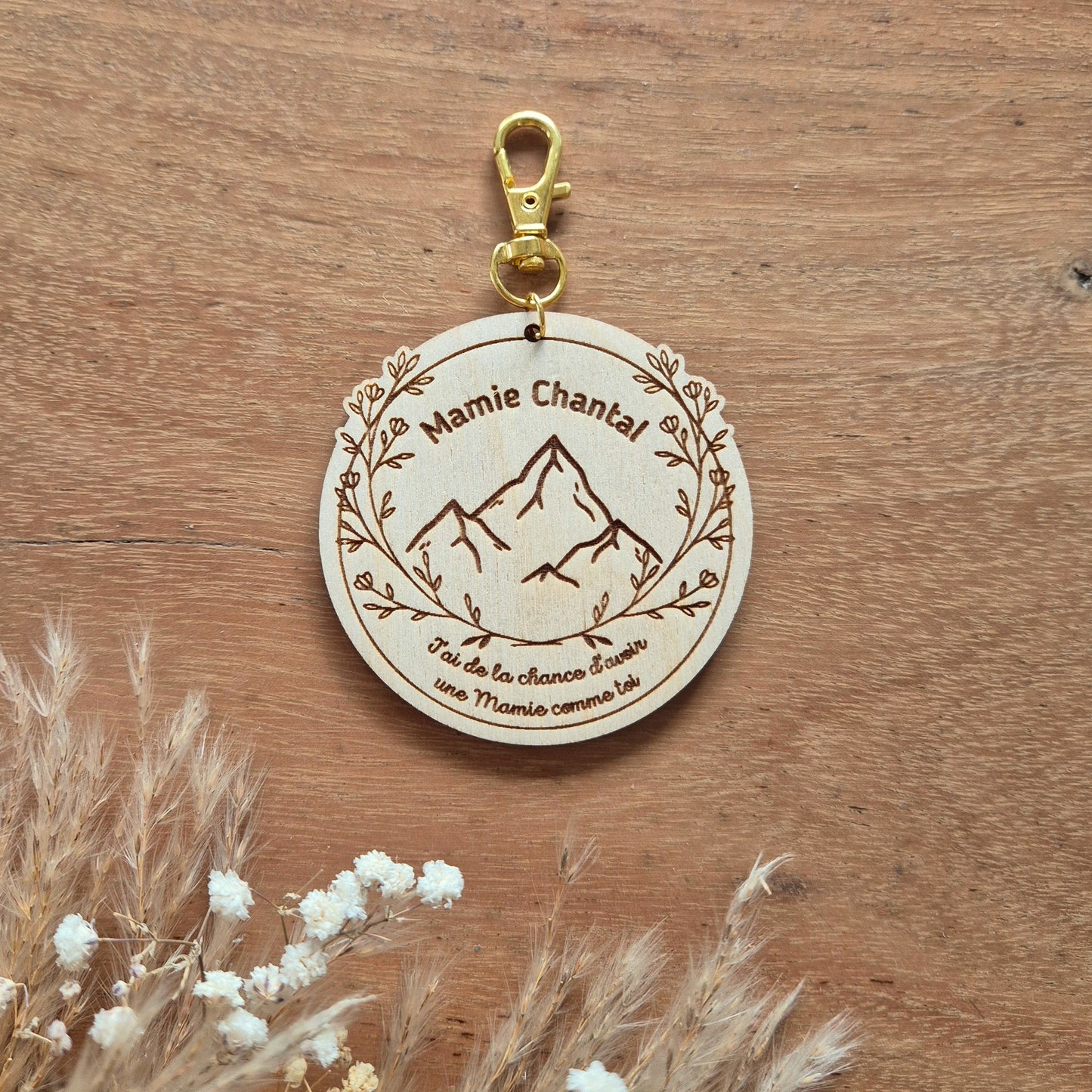 Porte-clés en bois personnalisé - Montagnes fleurs