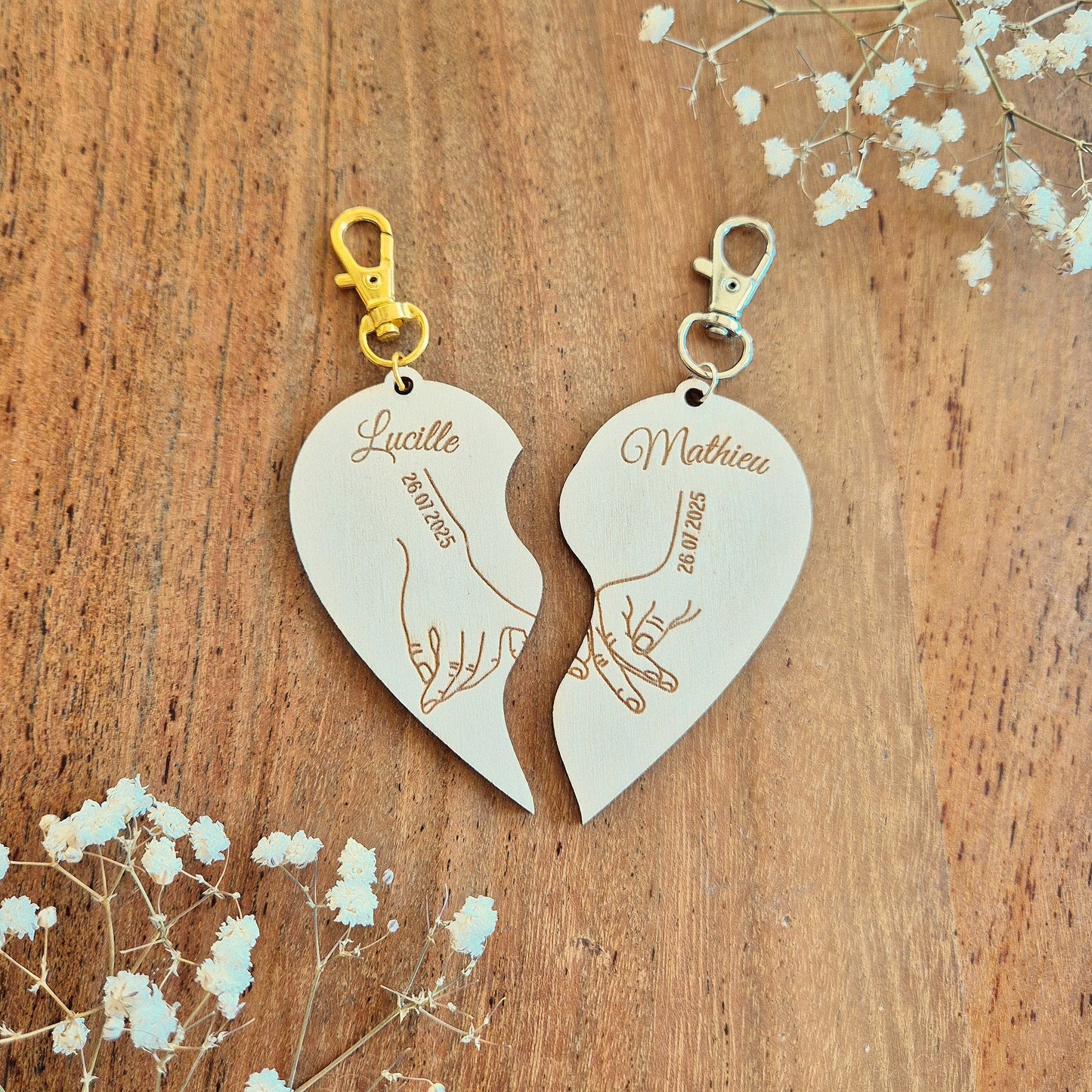Duo de porte-clés en bois personnalisés - Cœur promesse