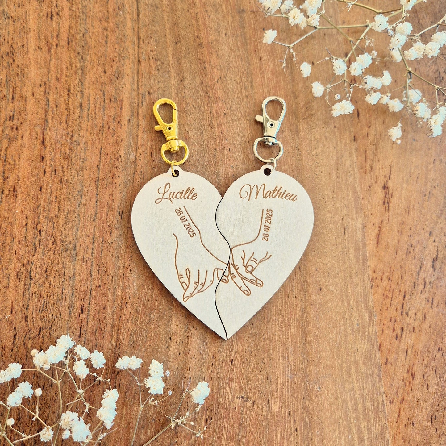 Duo de porte-clés en bois personnalisés - Cœur promesse