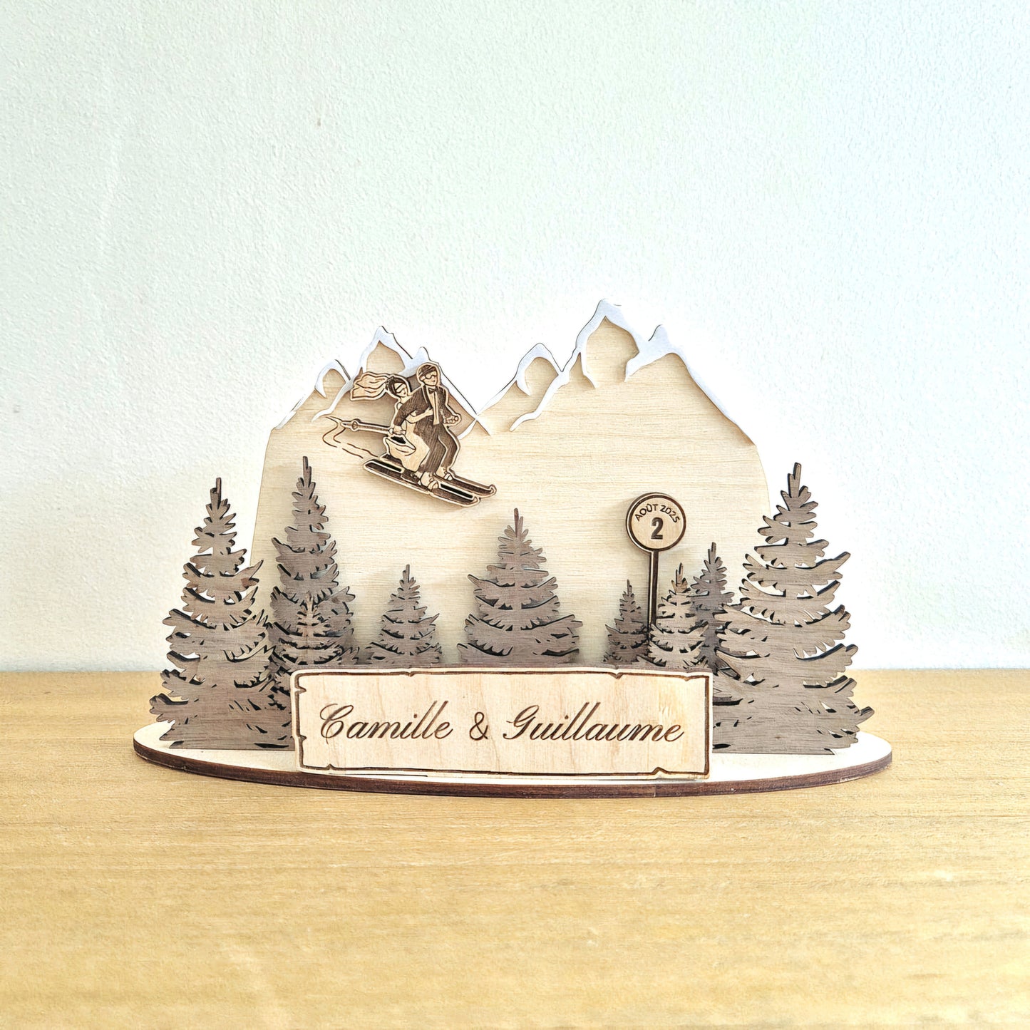 Photophore 3D en bois montagne ski