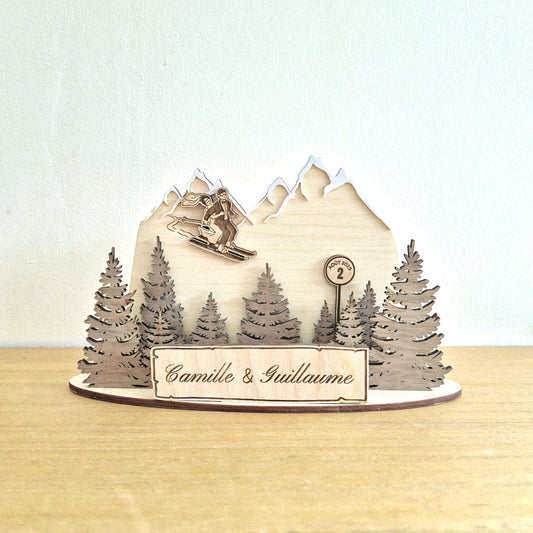 Photophore 3D en bois montagne ski