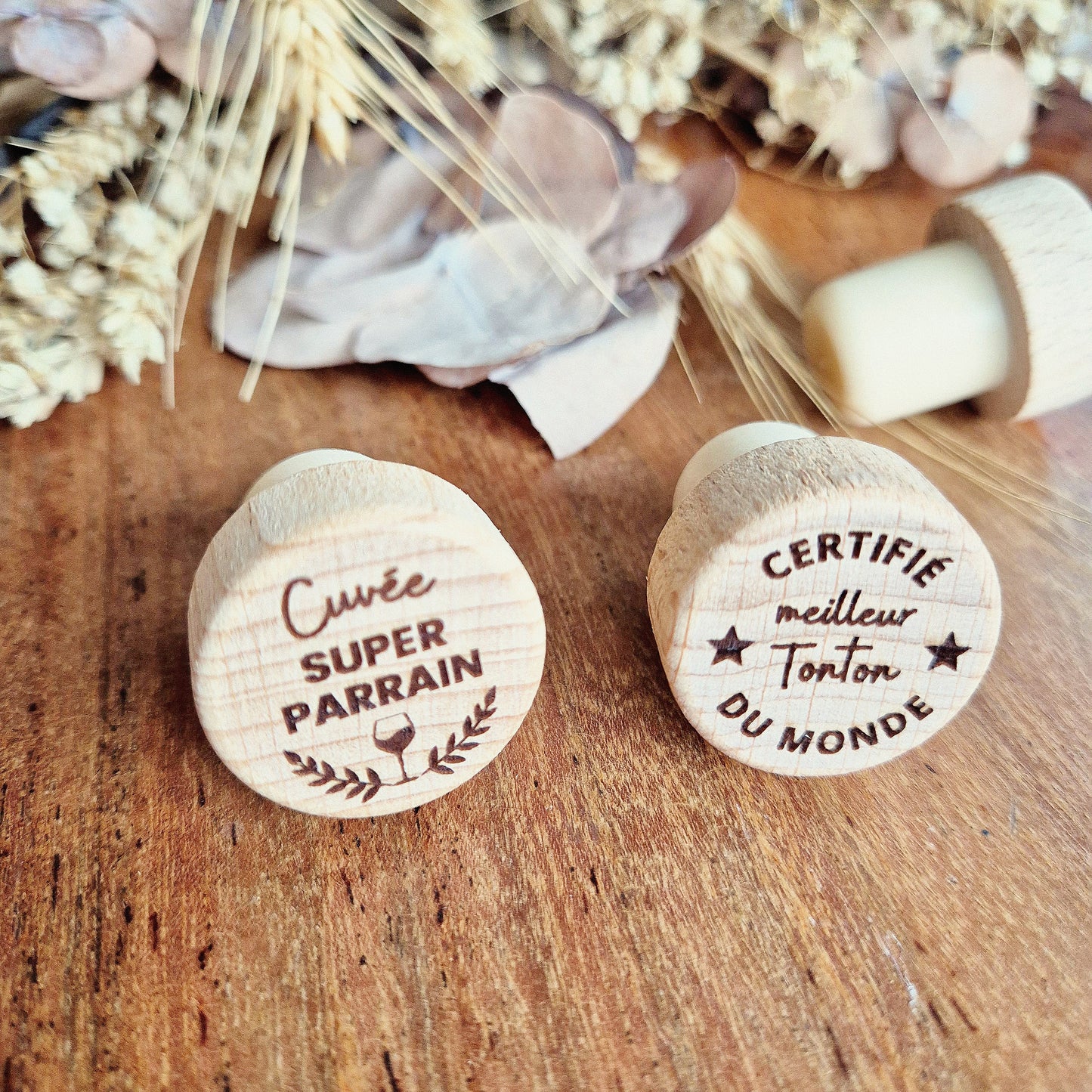 Bouchon de bouteille en bois réutilisable - Cadeau Parrain/Tonton