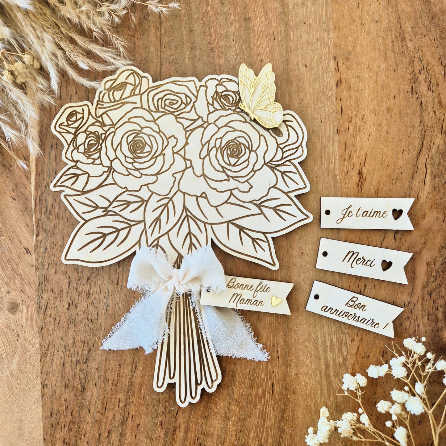 Bouquet éternel en bois personnalisé - Cadeau mamie