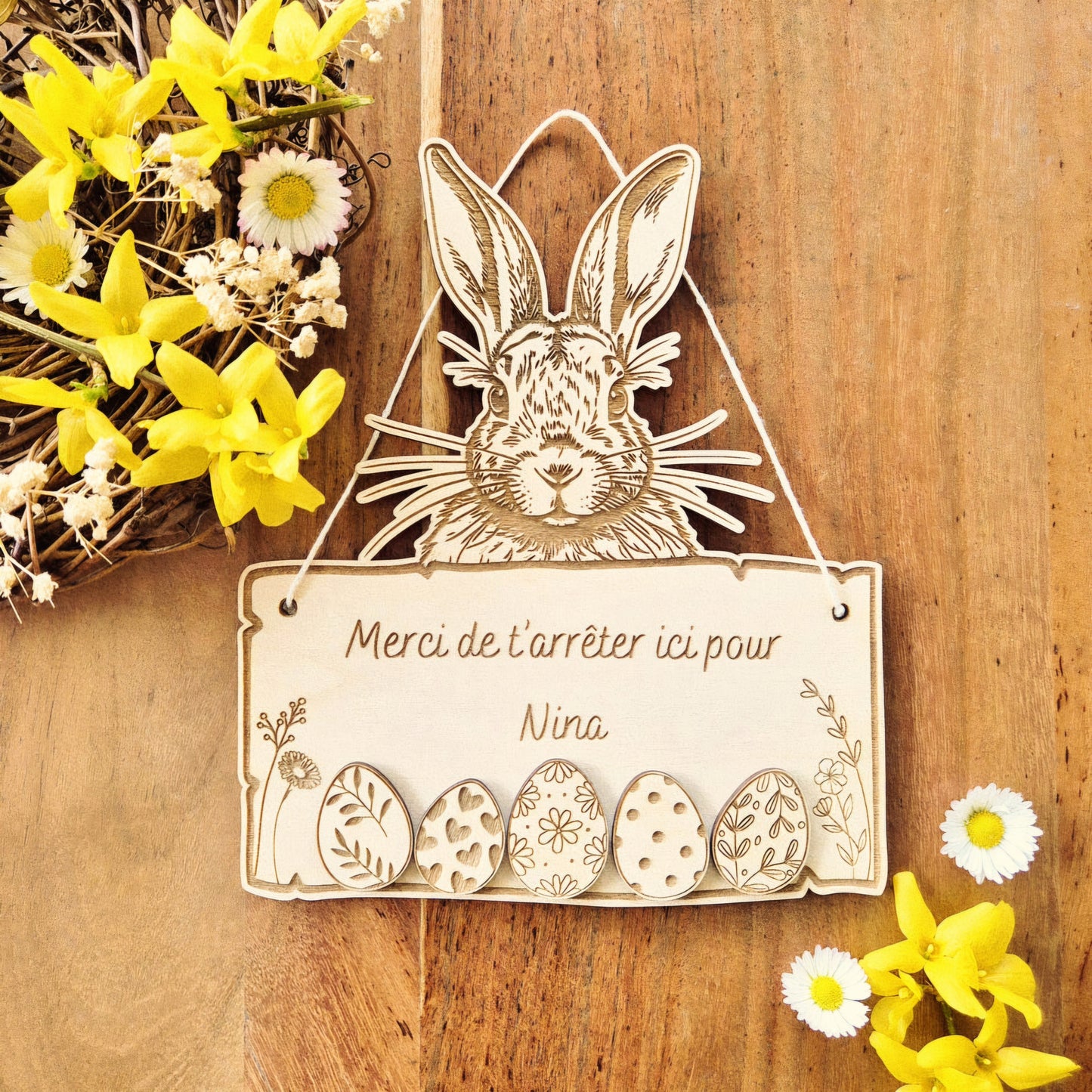 Pancarte en bois personnalisée lapin de Pâques