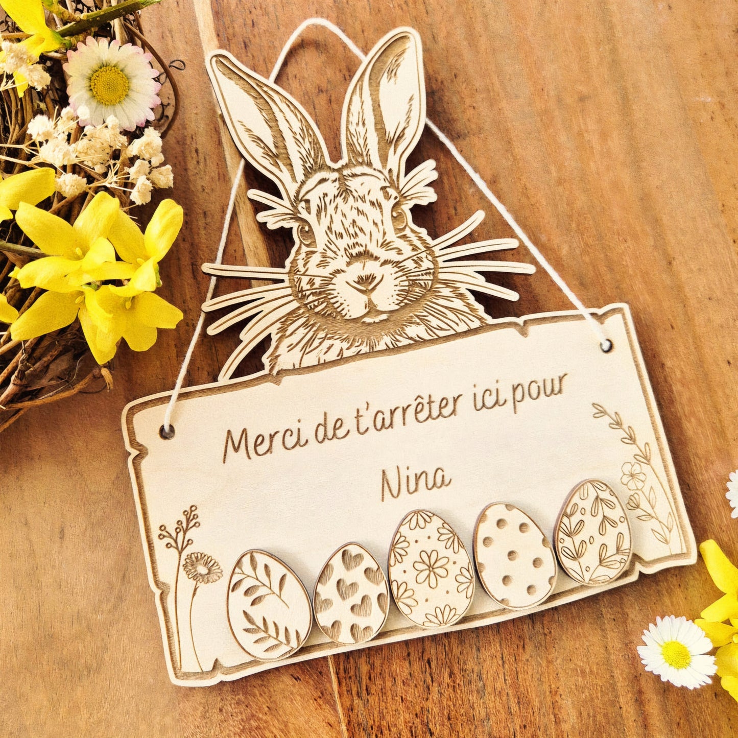 Pancarte en bois personnalisée lapin de Pâques