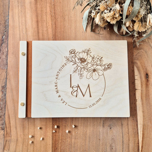 Livre d'or en bois personnalisé sur mesure mariage - Initiales fleurs