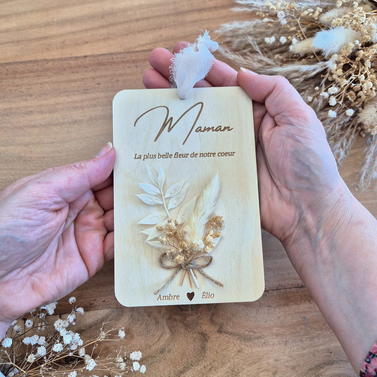 Carte fleurie en bois personnalisée Maman
