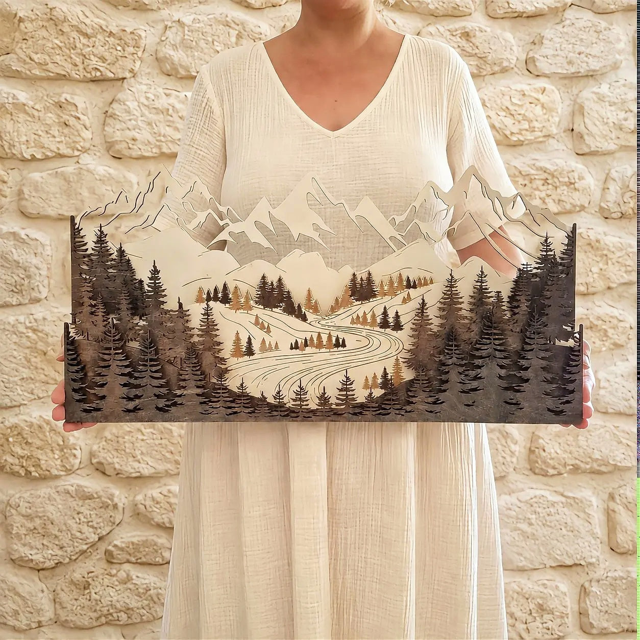 Tableau lumineux 3D en bois artisanal – Montagnes