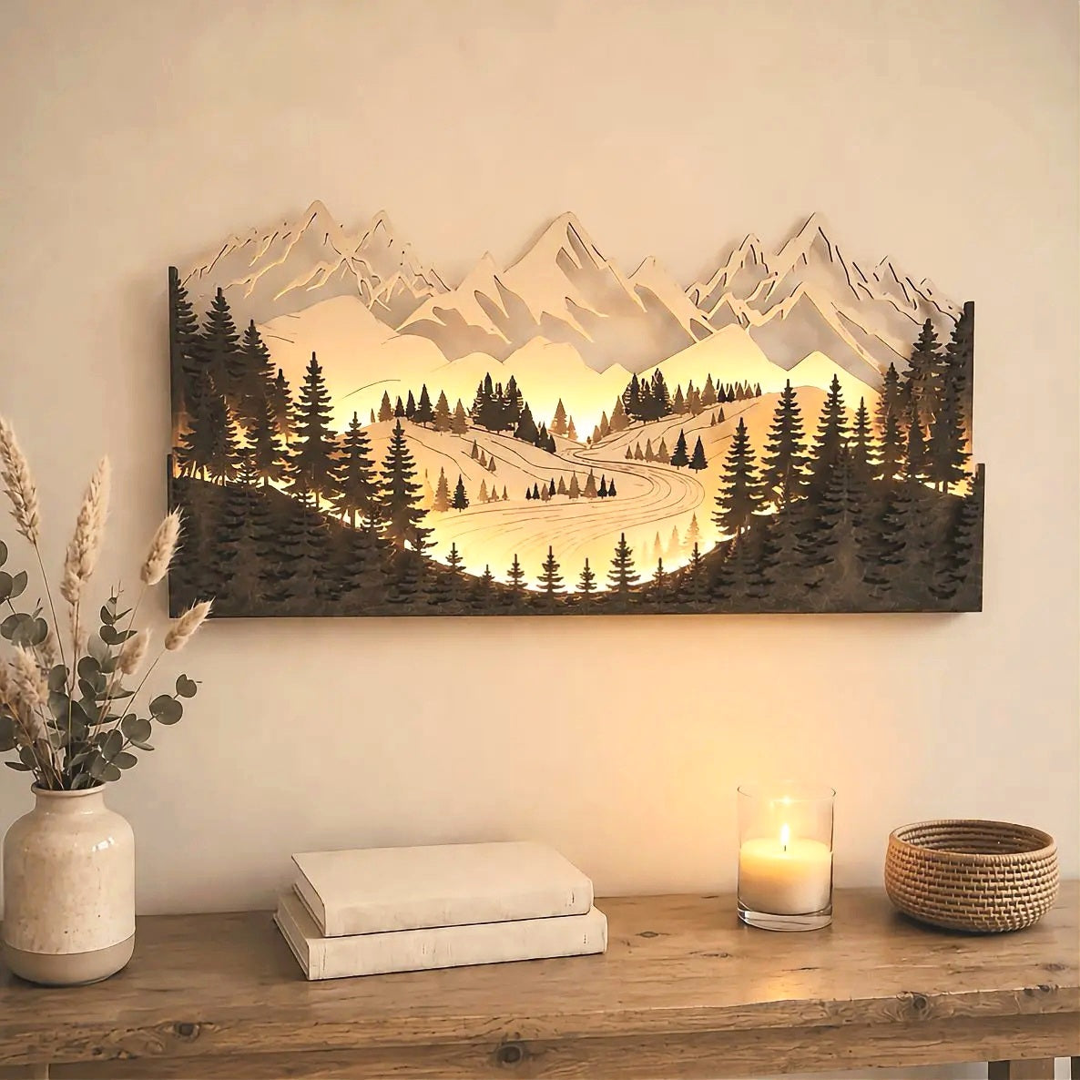 Tableau lumineux 3D en bois artisanal – Montagnes