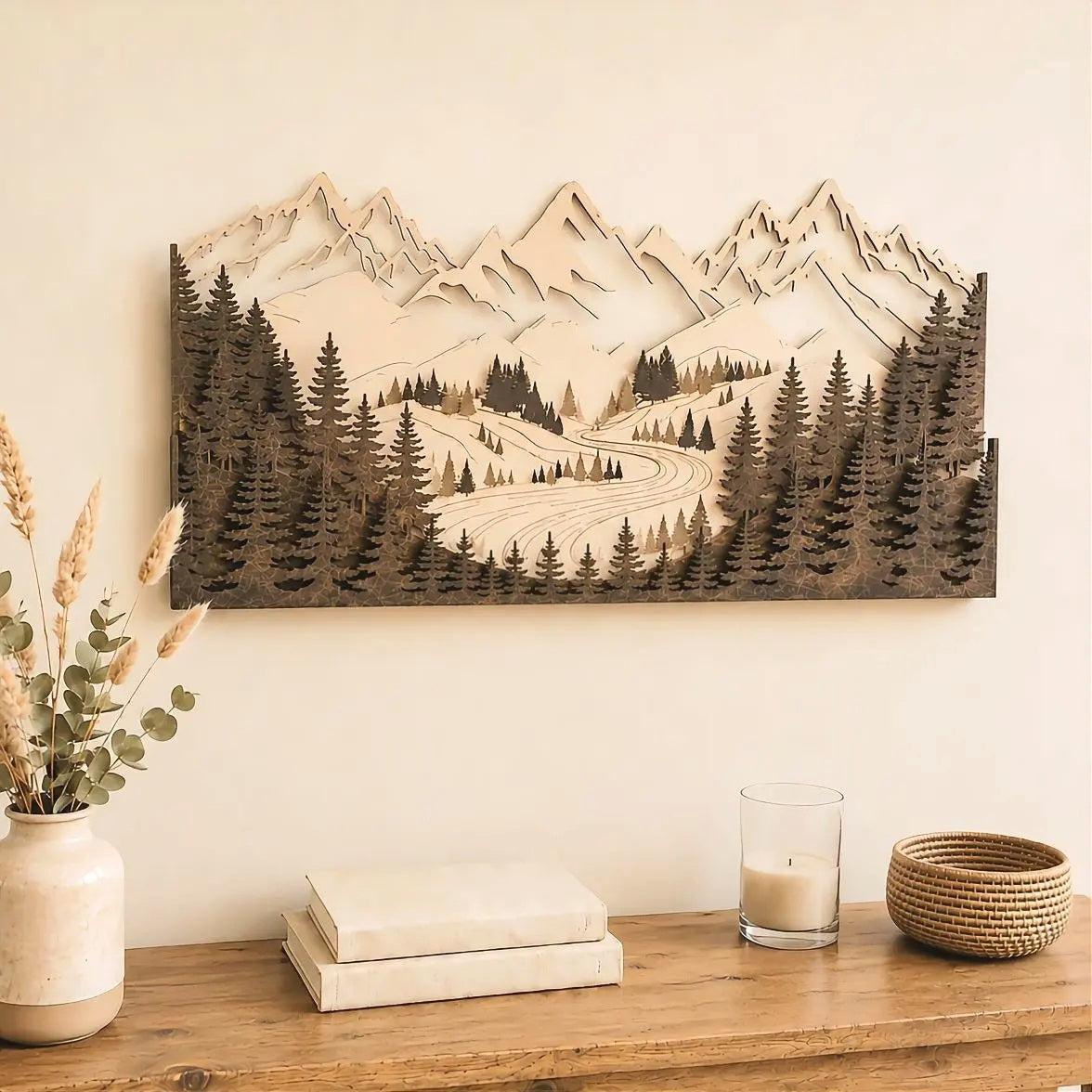 Tableau lumineux 3D en bois artisanal – Montagnes