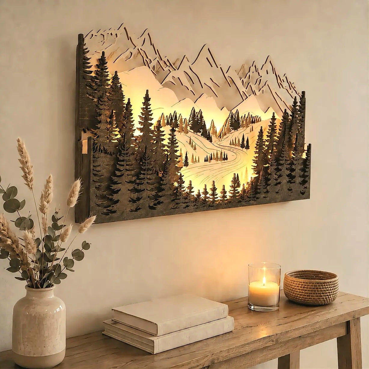 Tableau lumineux 3D en bois artisanal – Montagnes